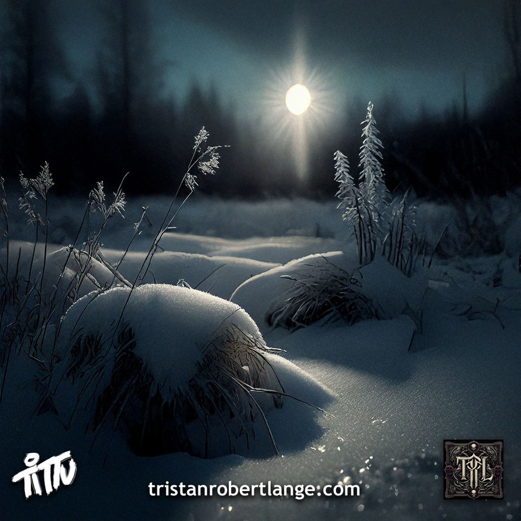 A photorealistic winter landscape under a bright, cold sun. Snow blankets rounded ground forms and frosted plants stand still in the foreground. The light is sharp and icy, illuminating without warmth. Tristan Robert Lange branding appears at the bottom with “tristanrobertlange.com,” Tittu signature, and TRL emblem.