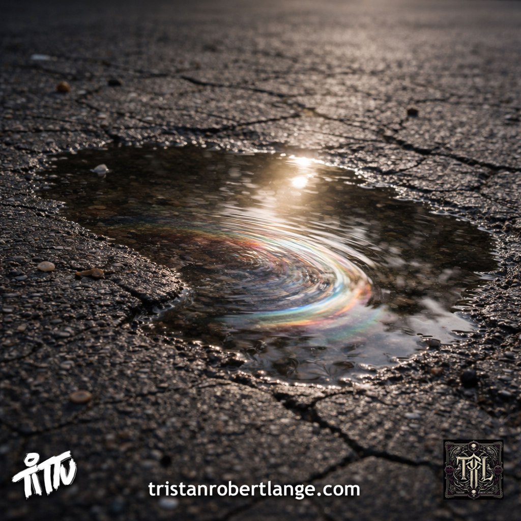 A close-up of a shallow puddle on cracked asphalt with a faint rainbow oil sheen reflecting soft daylight. The scene is gritty and muted, with light catching the surface of the water. Bottom text reads “tristanrobertlange.com” with the Tittu signature on the left and a crest logo on the right.