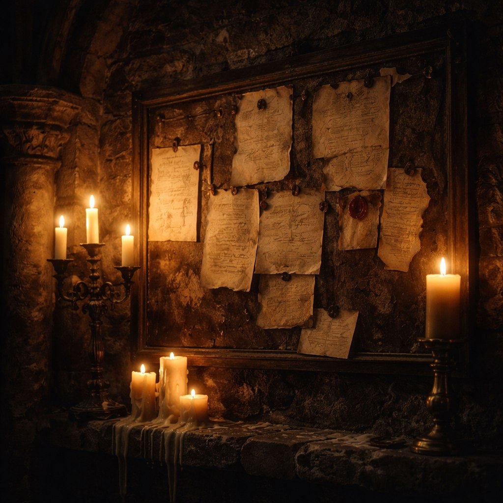 A dimly lit gothic stone wall features a framed bulletin board covered in aged parchment notices pinned with tacks and sealed with red wax. Flickering candles on iron holders cast warm light and deep shadows, with melted wax pooling below, creating a moody, cathedral-like atmosphere.