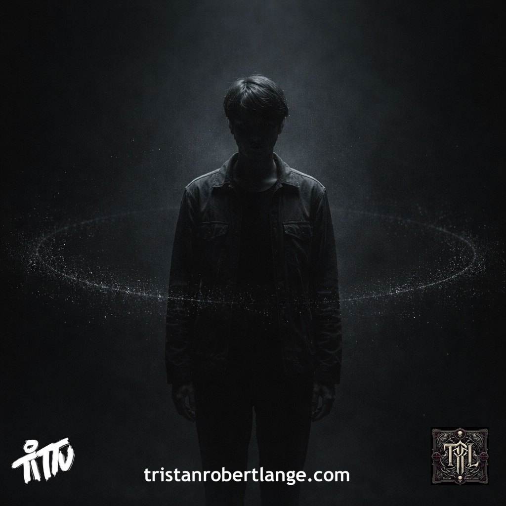 A solitary, shadowed figure stands in darkness with a faint glowing orbital ring circling their torso. The scene is cinematic, minimal, and moody, with cool tones and soft light falling from above.