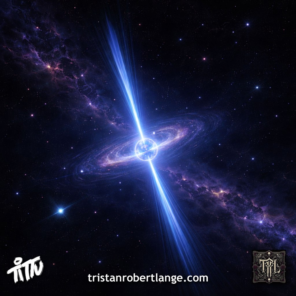 Cosmic scene of a bright pulsar blasting beams through a galaxy with stars and purple nebulae. Text reads: “like lyra’s song— which still remains… we are not alone.” From Tristan Robert Lange’s “pulsar pingback.” Website and author marks appear at the bottom.