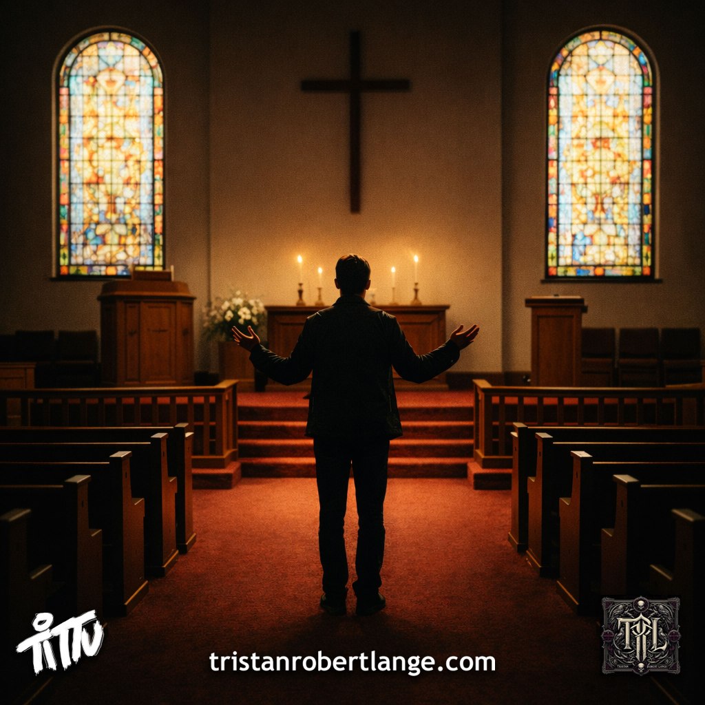 A lone figure stands in the center aisle of a small church sanctuary facing the altar and stained glass windows, arms slightly open as if seeking comfort. The space is empty and warmly lit by candles, emphasizing solitude and longing.