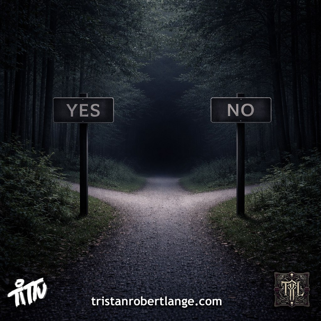 A dark forest path splits into two directions with signs labeled “YES” and “NO,” both leading into shadow. Overlaid text reads: “do you pay taxes or not?” with website and artist branding at the bottom.