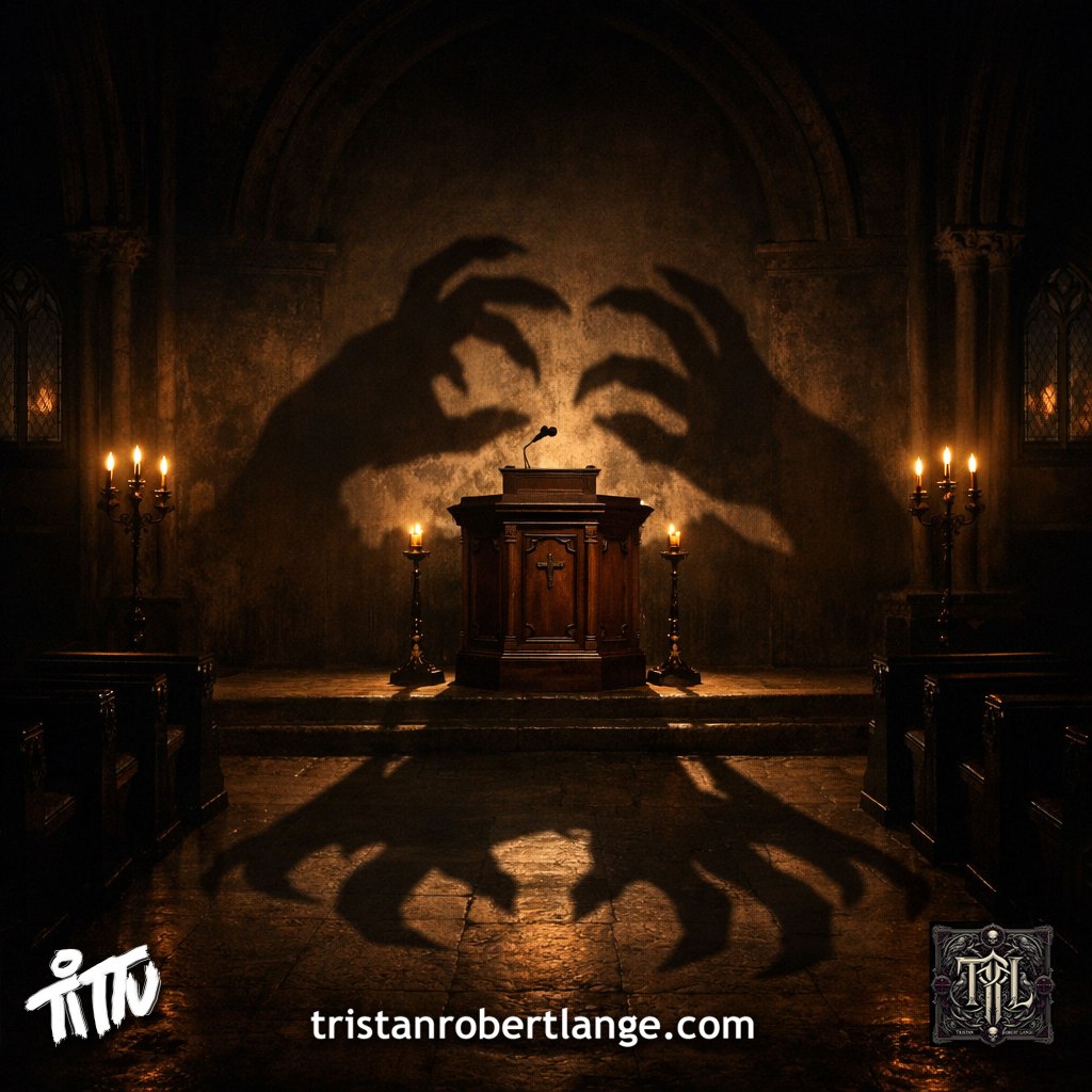 A dark gothic church sanctuary with a wooden pulpit centered beneath candlelight. Large shadowy hands loom behind it, stretching across the wall and floor like a controlling force. The scene feels ominous and oppressive, symbolizing distorted authority within a sacred space.
