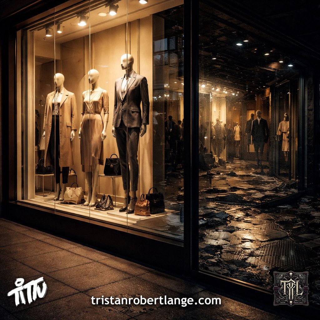 A modern storefront window with mannequins dressed in elegant clothing under warm lighting. The glass reflects a distorted scene with cracked flooring and debris, suggesting hidden decay. Overlaid text reads: “People love a sale.” with website and artist branding at the bottom.