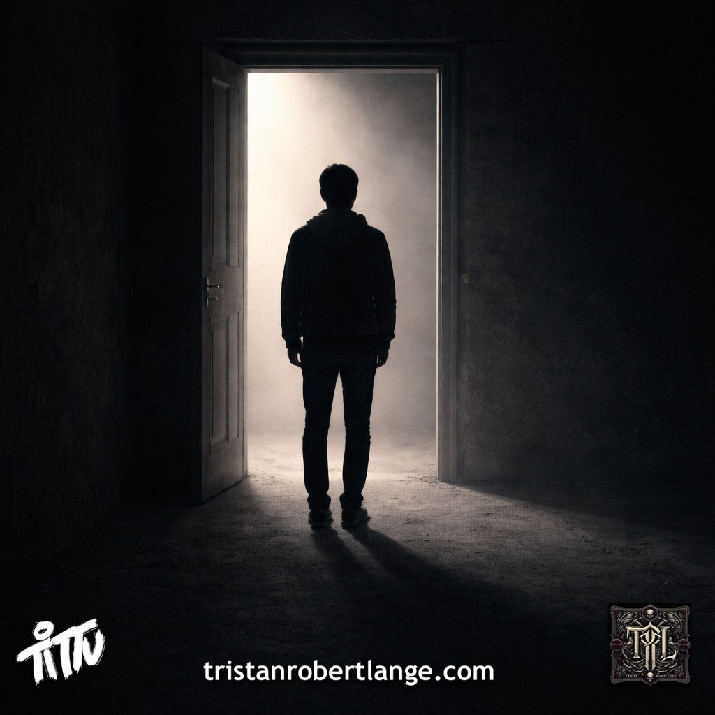 A solitary person stands just inside a dark room, facing away from a bright doorway behind them. Overlaid text reads: “what happens when you step out of the light and into the unknown?” The scene conveys a quiet moment of reflection and transition into uncertainty.