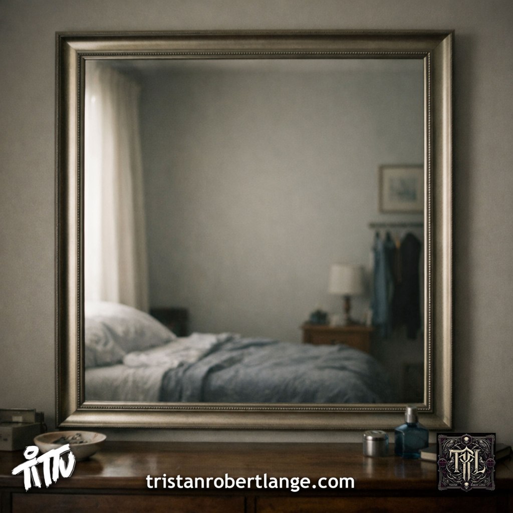 A softly lit bedroom reflected in a large framed mirror shows an empty, lived-in space with an unmade bed, bedside table, and hanging clothes. No person is present. The scene feels quiet, intimate, and marked by absence.
