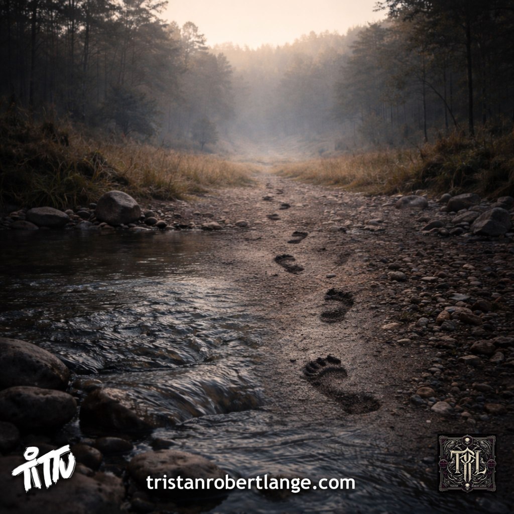 A misty early-morning riverbank with rippling water where someone has just crossed. Wet human footprints lead away from the water onto dry ground and into a quiet wilderness valley surrounded by trees.