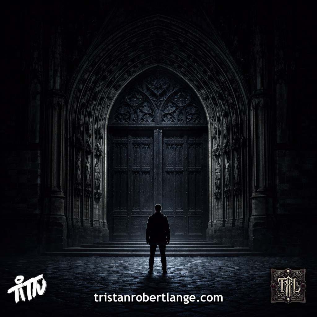 A solitary figure stands before towering cathedral doors at night, illuminated by cold blue light. Gothic stone arches rise above the entrance while deep shadows surround the church façade, suggesting tension between the individual and the institution.