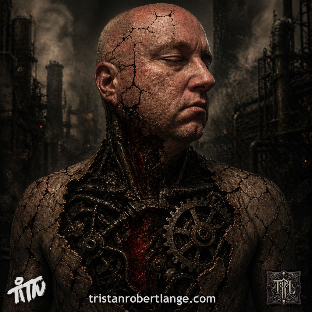 A dark, cinematic image of a man with cracked, earth-like skin and closed eyes, his chest partially open to reveal exposed gears and mechanical components glowing faint red. The background shows an industrial factory environment. 