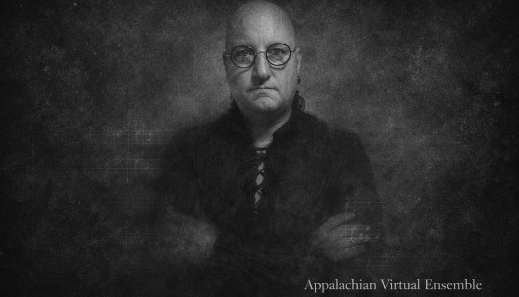 Black-and-white portrait of a bald man wearing round glasses and dark clothing, arms crossed, emerging through a textured, smoky overlay. The words “Appalachian Virtual Ensemble” appear in the lower right.