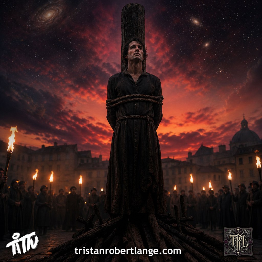 A lone man stands tied to a stake before execution in a darkened square, surrounded by onlookers holding torches. The sky burns with red clouds and visible galaxies. His expression is calm and resolute, facing upward into the cosmic sky.