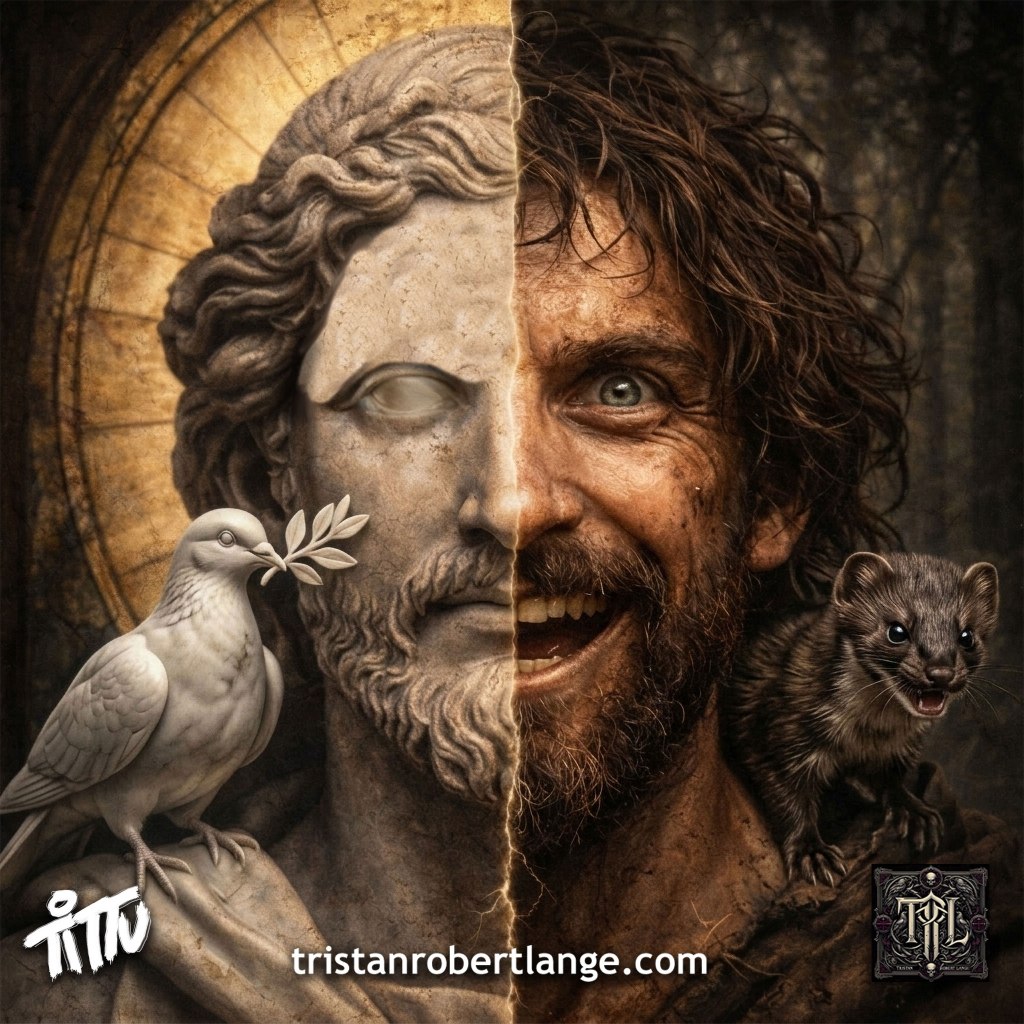 A split-face image shows the same man in two forms: left side a marble statue with a hollow eye and a dove, right side a wild, rugged man with intense expression and a small animal. The image includes the poem “Canon Captive” and full text overlaid.