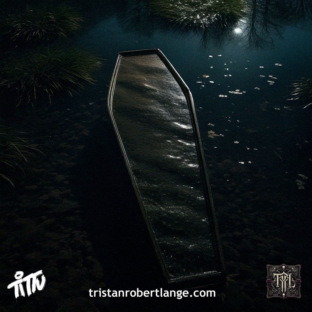 A dark, murky pond at night with a coffin partially submerged beneath the water’s surface, faint ripples spreading outward. The scene is dimly lit with reflections of trees and sky above, creating an eerie, quiet atmosphere of sinking and stillness.