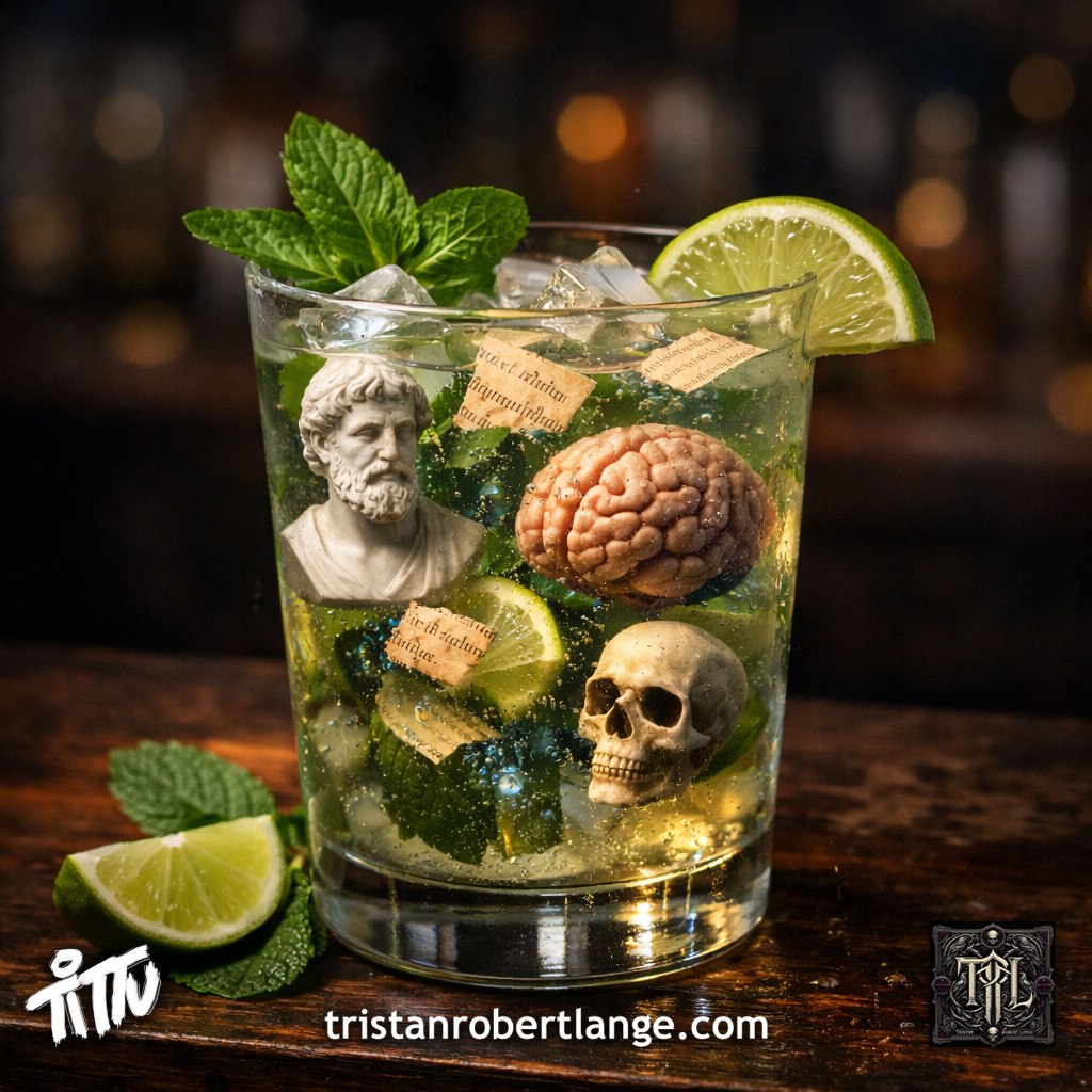 A surreal mojito cocktail sits on a wooden bar table containing a marble philosopher bust, a floating brain, a skull, mint leaves, lime slices, and scraps of Latin parchment. Overlaid text reads: “cogito, ergo / pass the mojito!”