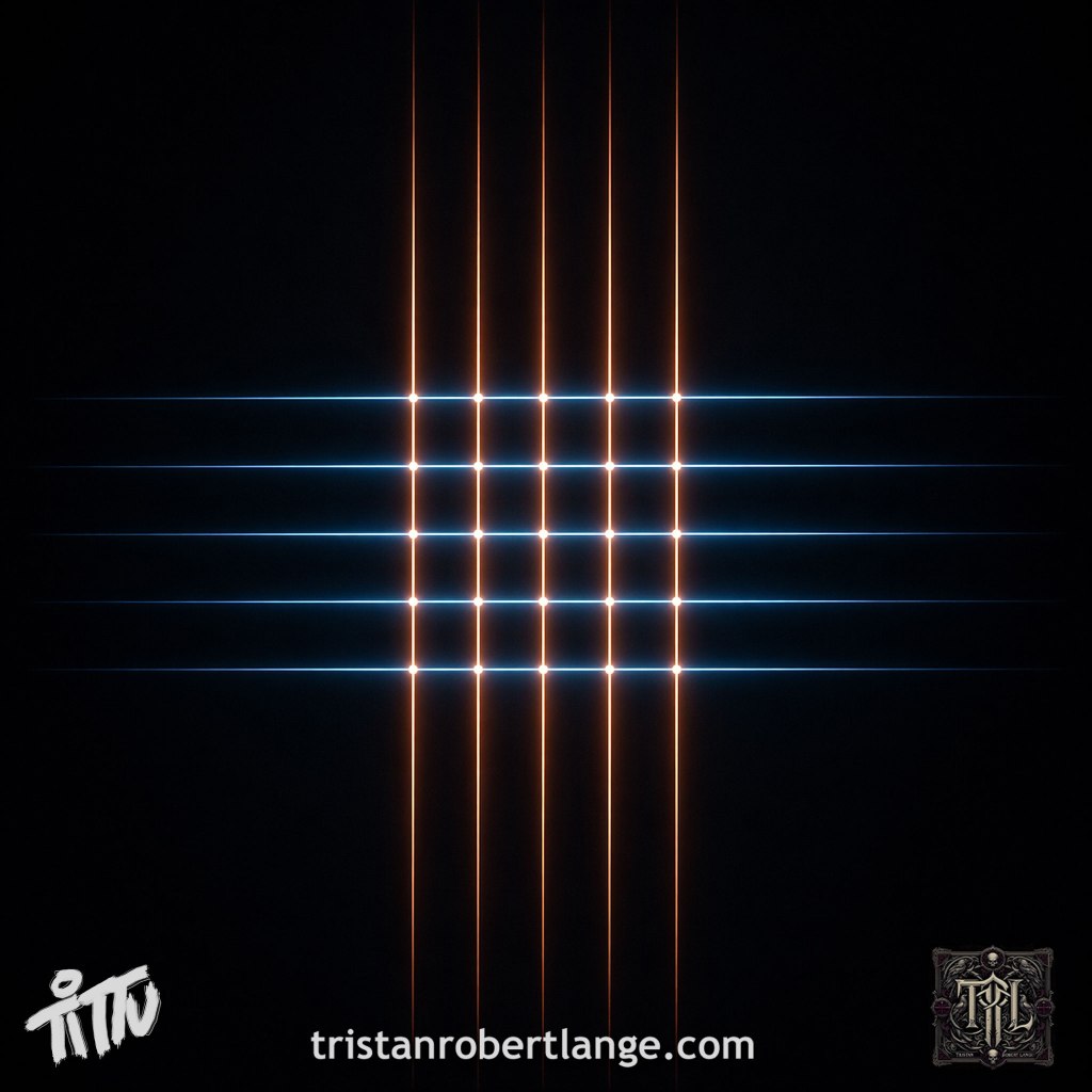 A dark, minimalist abstract image showing a glowing lattice of intersecting lines on a black background. Vertical lines glow warm orange, horizontal lines glow cool blue, forming a structured grid at the center. Subtle light points mark intersections. At the bottom: “tristanrobertlange.com” with Tittu signature and crest logos.
