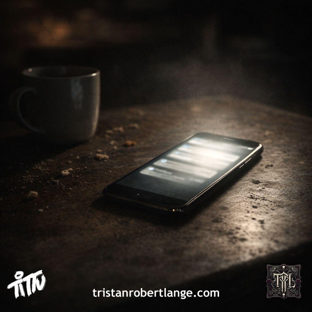 A smartphone rests face-up on a dark, worn table with a coffee mug nearby. The phone screen glows with blurred, unreadable notifications, casting light into the dim room. No text is present.