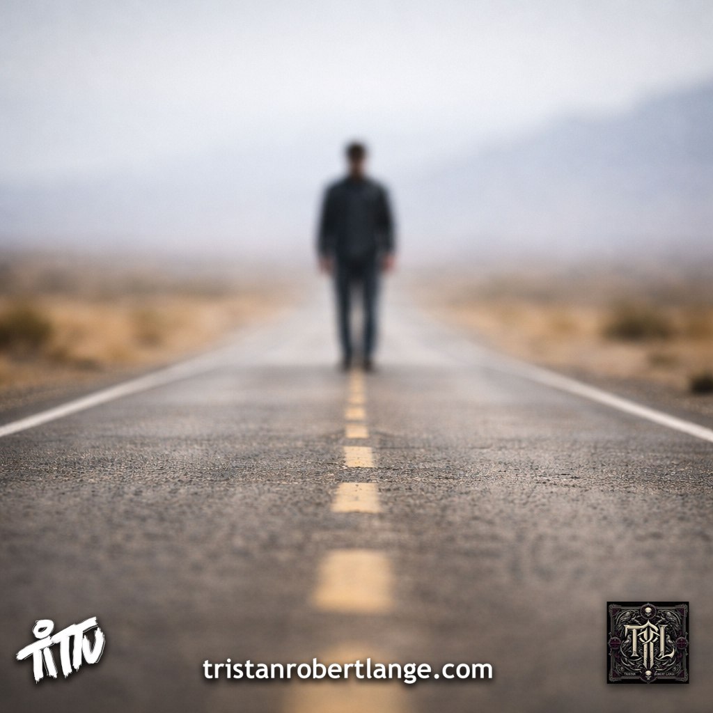 A blurred figure stands far away on an empty desert road, appearing closer due to lens compression. No text is present. The road’s center line leads toward the figure, emphasizing distance, distortion, and perspective.