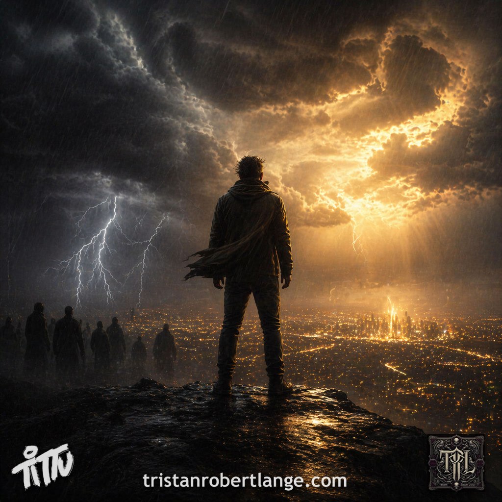 A lone figure stands on a rocky overlook above a glowing city as a storm splits the sky with lightning on one side and golden light on the other. Shadowy figures gather behind him. No text is present on this version.