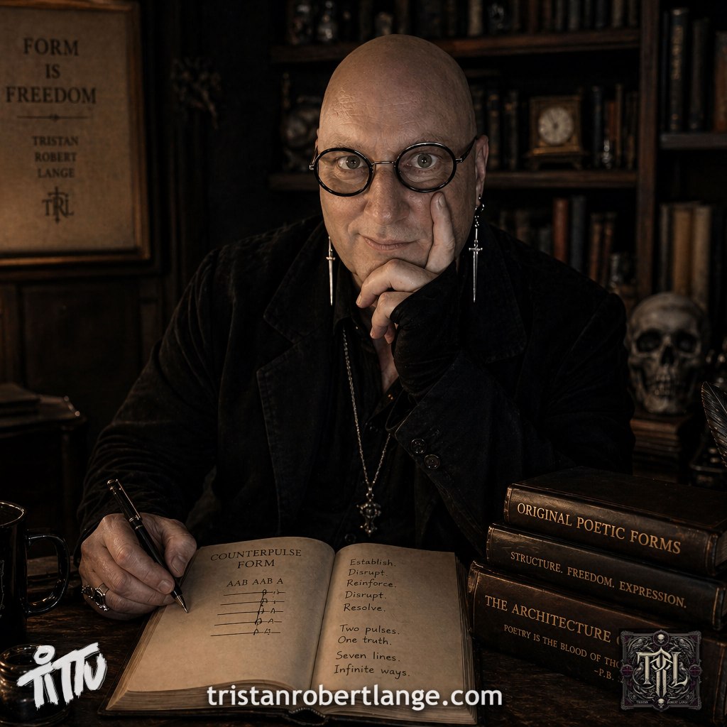 A cinematic, photorealistic portrait of Tristan Robert Lange seated at a wooden desk in a dim, vintage study. He rests his face on one hand while holding a pen over an open book labeled “Counterpulse Form,” displaying the AAB AAB A structure. Warm candlelight, stacked books titled “Original Poetic Forms,” a skull, and writing tools surround him, creating a dark, gothic, intellectual atmosphere.