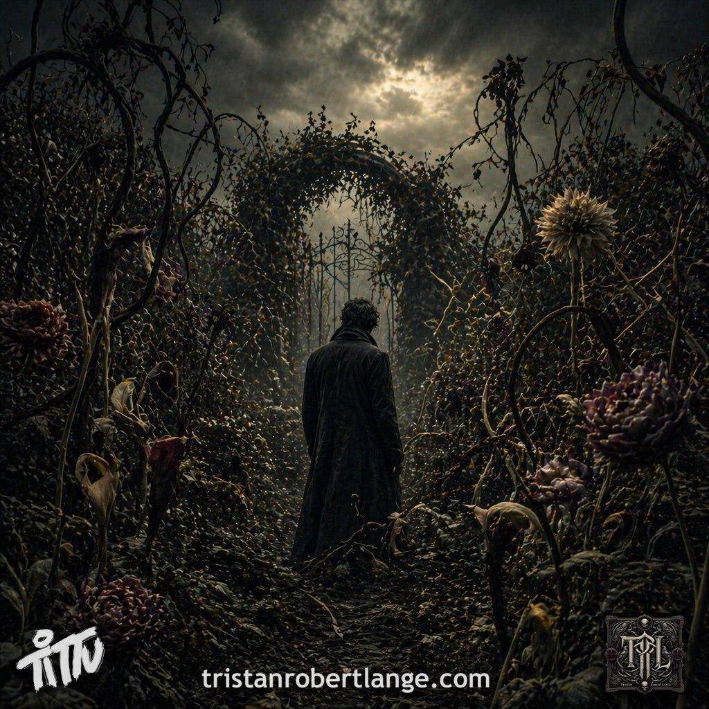 A lone figure walks through a dense, overgrown garden of twisted plants toward a wrought-iron gate under a cloudy sky. The scene is dark and atmospheric, with muted tones and subtle light filtering through. No text appears on this version.