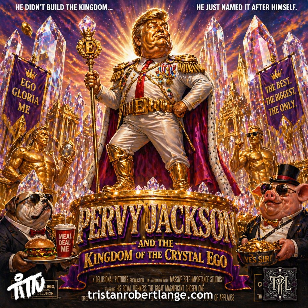 A satirical movie-poster-style image shows an exaggerated leader figure posing proudly in a glowing crystal kingdom. The scene is filled with gold structures, oversized crystals, and absurd characters. No text overlay appears on this version.