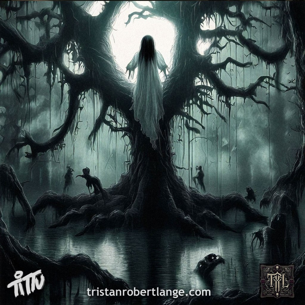 A ghostly pale figure with long black hair stands in a hollow tree surrounded by a dark swamp forest. Twisted branches and hanging moss frame the scene while shadowy creatures lurk below in murky water. The atmosphere is eerie and gothic, with dim green-gray tones.
