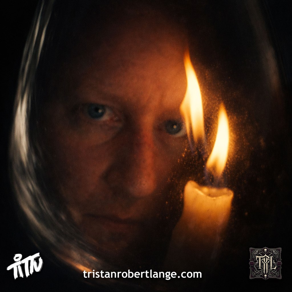 A dark, moody image of a distorted face reflected beside a candle flame. The full poem reads: “The Bitters / chewing bitter herbs. / i can taste salt in my eyes. / everyone here lies.” The tone is minimal, tense, and emotionally charged.