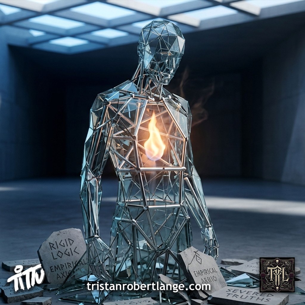 A transparent, geometric human figure made of glass and metal sits with a visible flame burning inside its chest. Broken slabs around it read phrases like “Rigid Logic,” “Empirical Axioms,” and “Severed Truths.” The setting is a dim, modern room with a glowing grid ceiling.