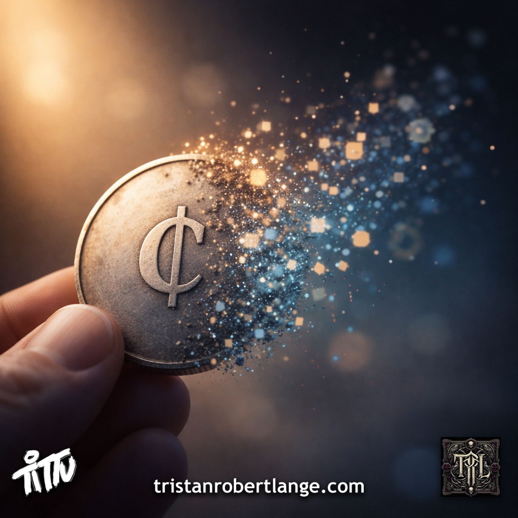 A close-up of a silver coin with a cents symbol held between fingers as it dissolves into glowing abstract particles, suggesting change and unstable value.