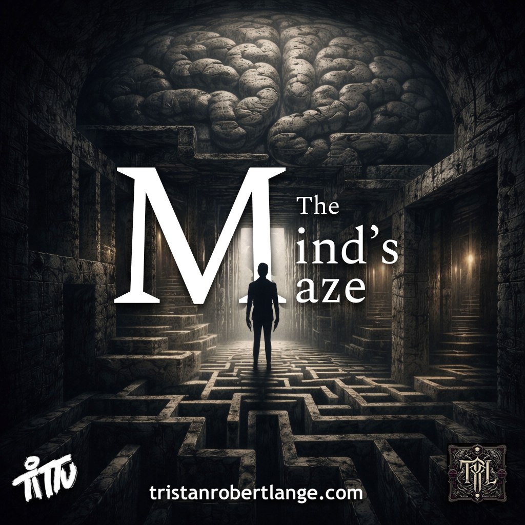 A dark, cinematic labyrinth made of worn stone stretches into the distance, forming a maze beneath a massive brain-like structure overhead. A solitary human figure stands at the center, silhouetted against a bright opening ahead. Overlaid text reads “The Mind’s Maze,” with a large stylized “M.” The bottom includes “tristanrobertlange.com” and creator logos.
