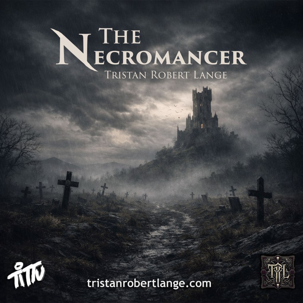 “The Necromancer” by Tristan Robert Lange over a storm-dark landscape. A ruined tower rises beyond a graveyard of crooked crosses and a muddy path leading forward through fog. No central quote text appears. Artist signature Tittu and tristanrobertlange.com are visible at the bottom.