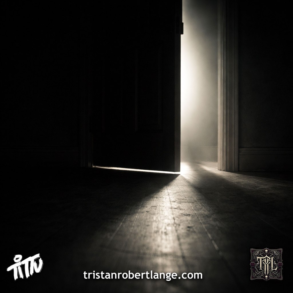 A dimly lit room with an open door spilling bright light onto the floor. The full poem reads: “The Open Door / light from open door / creates a pathway forward / into the shadows.” The tone is minimal, eerie, and contemplative.