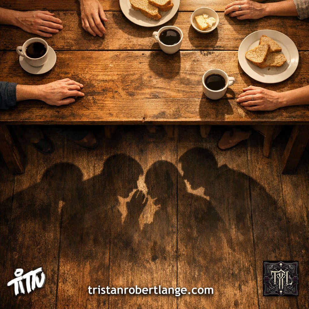 Overhead view of a rustic wooden breakfast table with coffee cups, bread, and several hands resting around it. Beneath the table, elongated shadows on the floor form distorted silhouettes that appear to be whispering and conspiring. No text is present on the image.