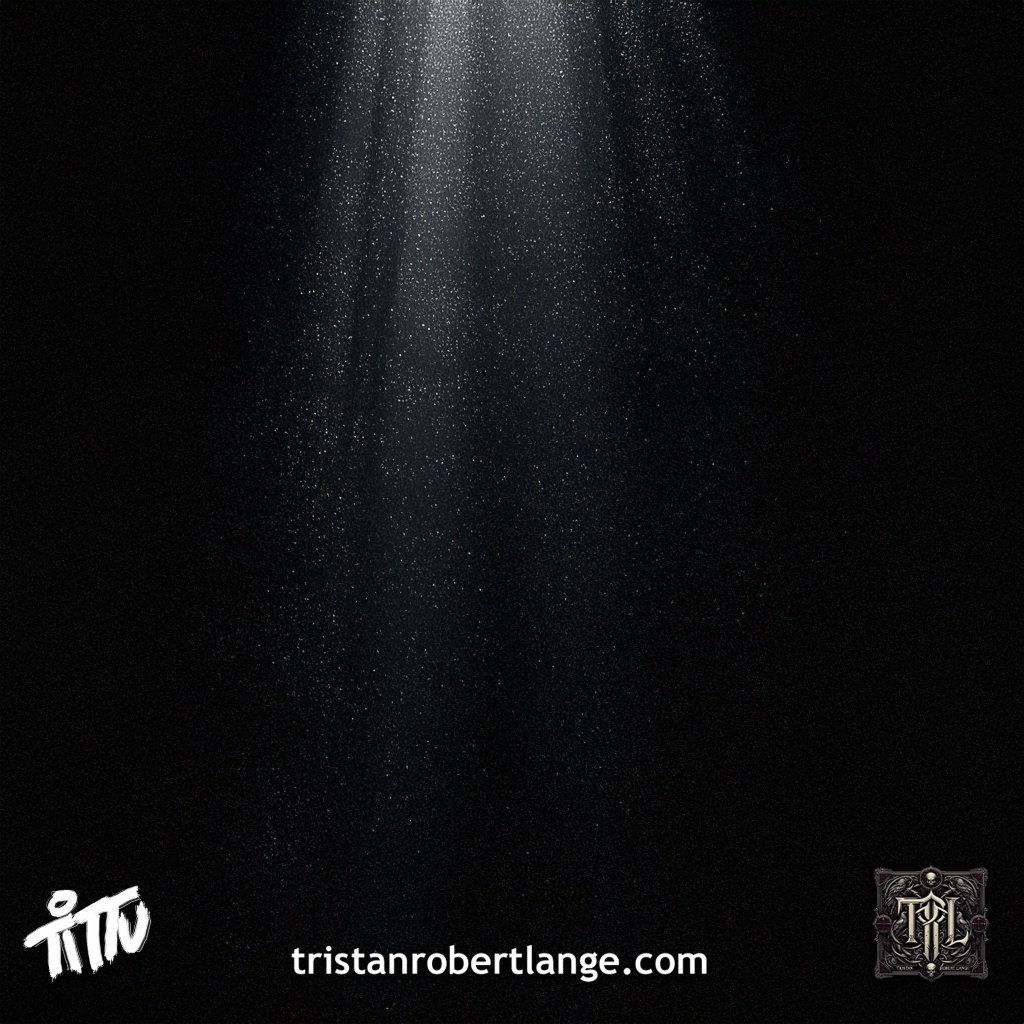 Dark, near-black background with a faint vertical shaft of light filtering down through drifting particles. Centered text reads: “i breathe in new light.” Above it: “From Tristan Robert Lange’s ‘The Unlasting’.” Bottom text shows “tristanrobertlange.com” with Tittu signature and crest logos.