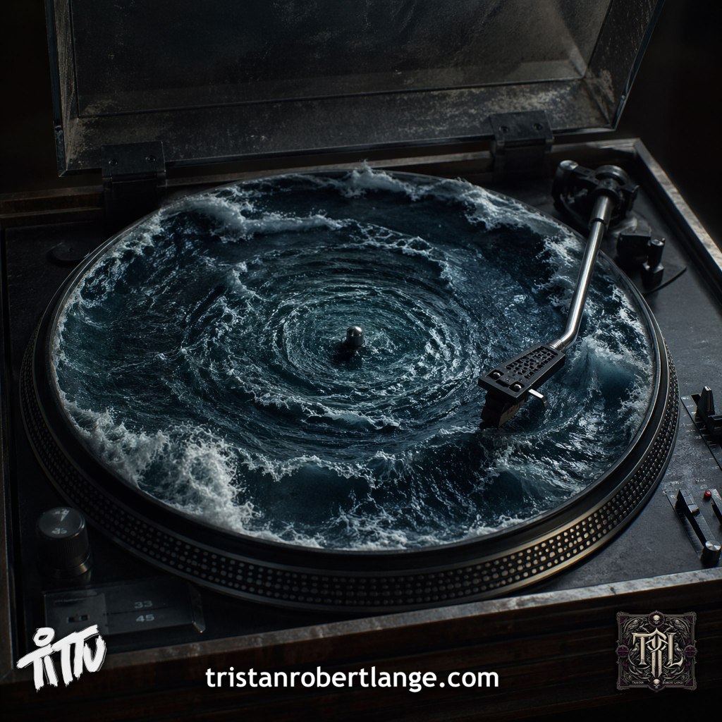 A hyperrealistic image of a vintage record player where the vinyl has been replaced by a dark, churning ocean. Waves form circular grooves, mimicking a spinning record. The tonearm rests on the water. Text at the bottom reads “tristanrobertlange.com” with a stylized “Tittu” signature.