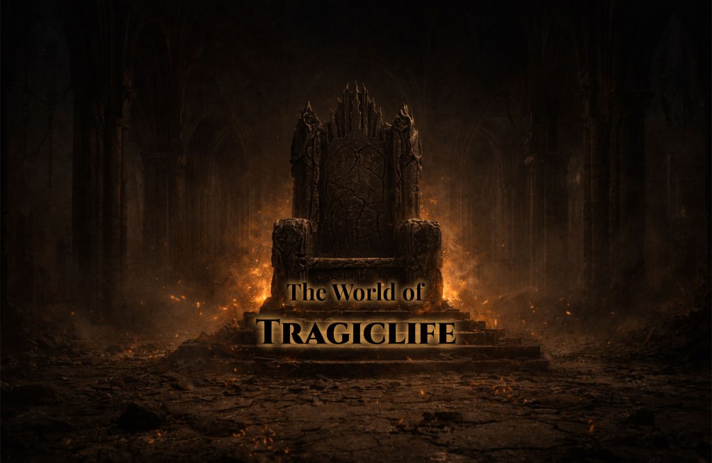 A cracked stone throne sits at the center of a dark cathedral, surrounded by glowing embers and smoke. The words “The World of TRAGICLIFE” appear in front, illuminated by firelight beneath the throne.