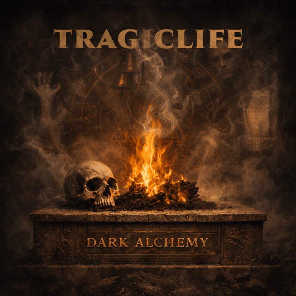 A cracked skull rests on a stone altar beside a small burning fire, with smoke rising into faint shapes of a hand, bells, and a shadowed figure. The words “TRAGICLIFE” and “Dark Alchemy” appear in textured gold lettering above and on the altar.