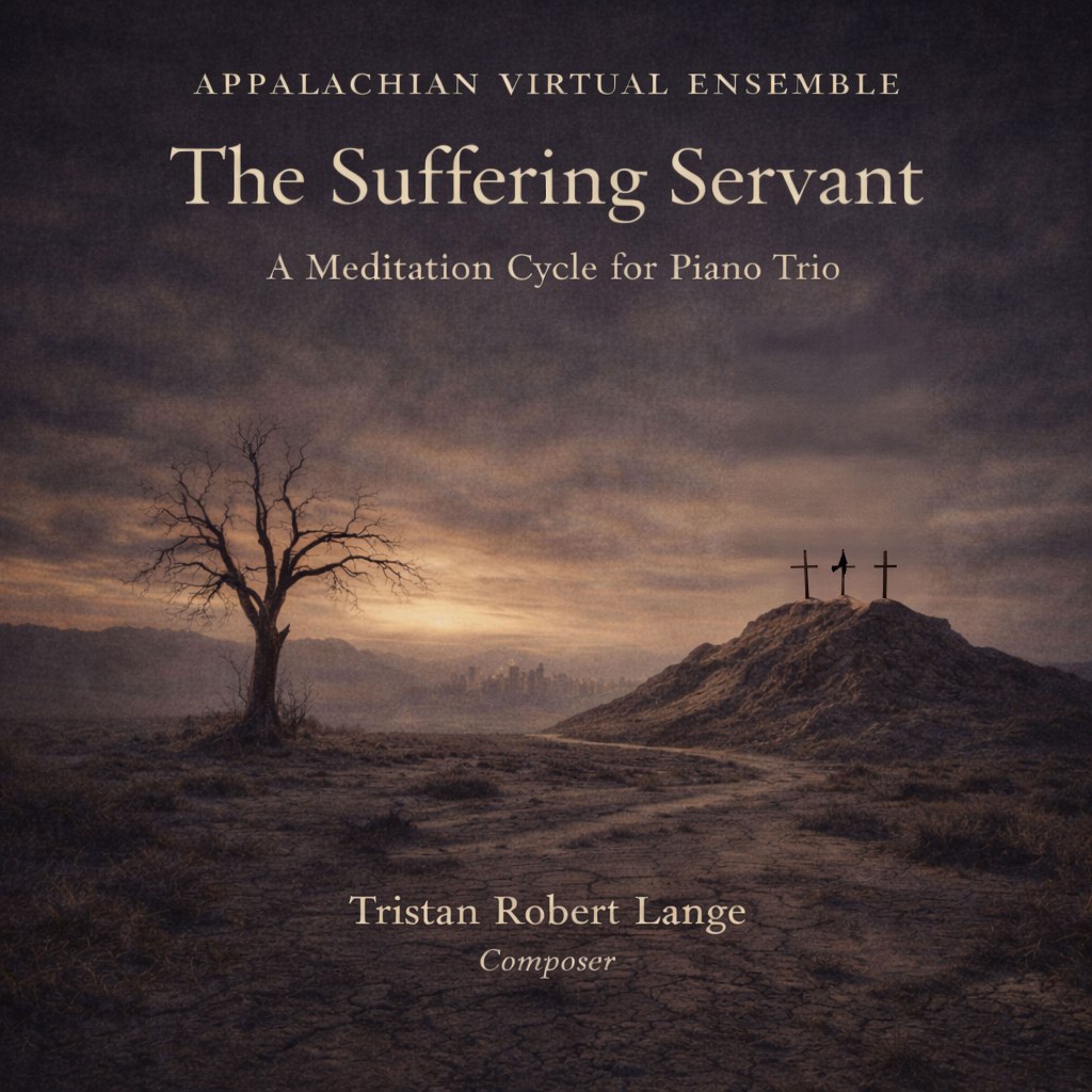 A desolate, cracked landscape at dusk with a barren tree on the left and a distant hill on the right holding three crosses silhouetted against a dim sky. A winding path leads toward the hill. Overlaid text reads: “Appalachian Virtual Ensemble — The Suffering Servant: A Meditation Cycle for Piano Trio — Tristan Robert Lange, Composer
