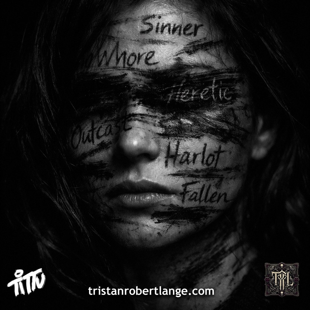 Black-and-white close-up of a woman’s face partially obscured by smeared dark markings and handwritten labels including “Sinner,” “Whore,” “Heretic,” “Outcast,” “Harlot,” and “Fallen.” Her expression is calm and resolute, emerging from shadow. Tristan Robert Lange branding appears at the bottom.