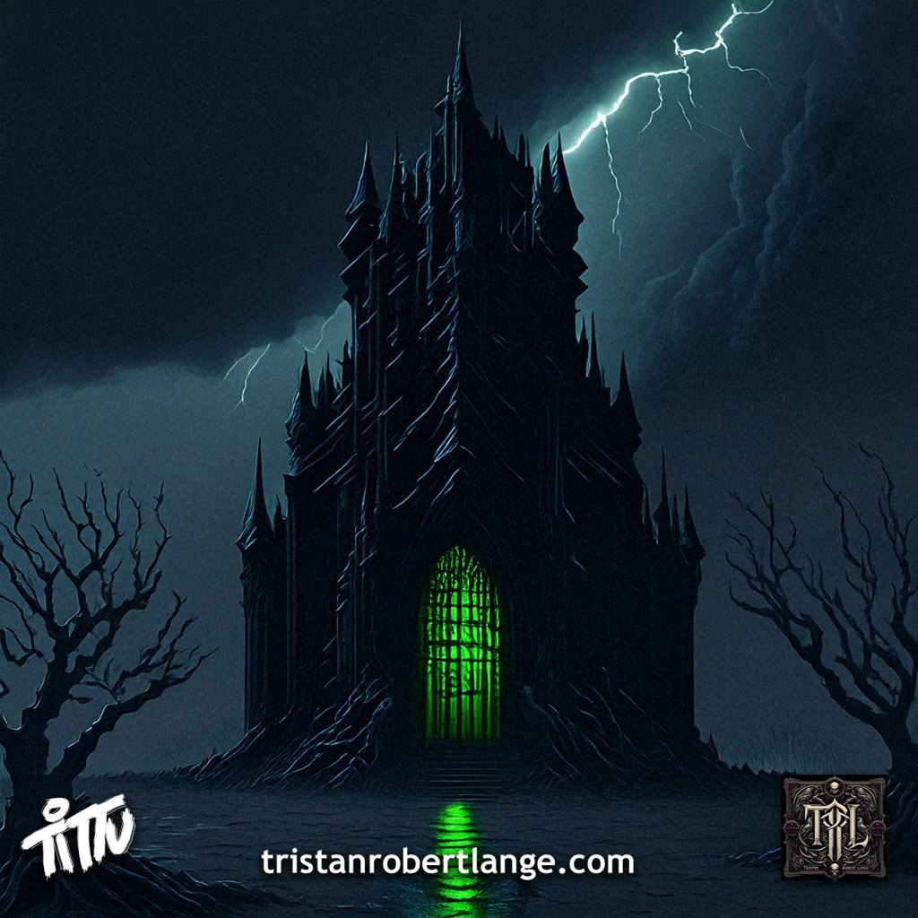 A towering black gothic turret rises in a storm-lit night, illuminated by a glowing green doorway at its base. Lightning cracks behind it while twisted trees frame the scene. Branding and tristanrobertlange.com appear at the bottom.