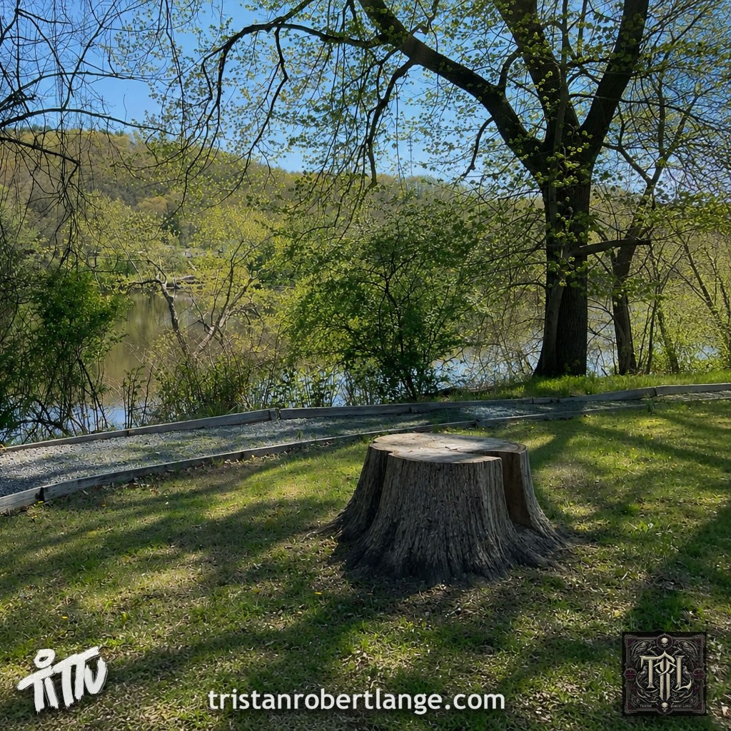 Square image of a peaceful riverside scene along the Delaware River near Tuscarora. Trees arch overhead while sunlight filters through spring leaves. In the foreground sits a large weathered tree stump near a gravel path overlooking the river. Bottom text reads “tristanrobertlange.com” with TRL logos in opposite corners.