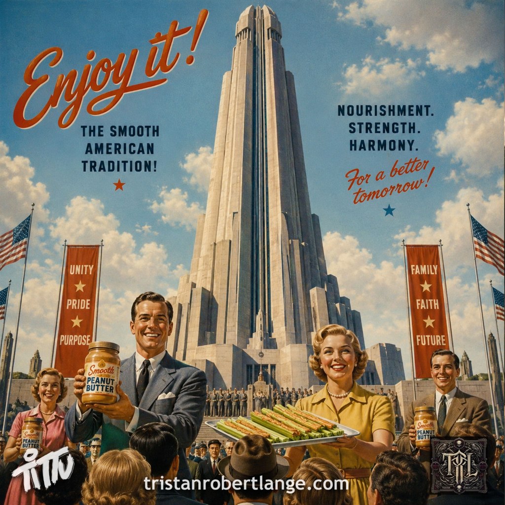 Retro 1950s-style propaganda poster featuring unnaturally smiling men and women presenting jars of peanut butter and celery sticks topped with peanut butter before a towering brutalist monument with a subtly phallic vertical design. Large text reads “Enjoy It!” and slogans like “The Smooth American Tradition!” and “Nourishment. Strength. Harmony.” The image feels cheerful yet deeply uncanny and authoritarian. Tristan Robert Lange branding appears at the bottom.