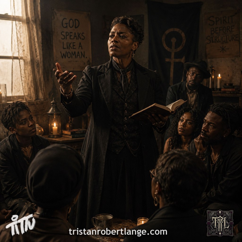 A cinematic candlelit scene shows a Black woman preacher standing in the center of a crowded room, speaking with calm authority while holding an open book. People surround her listening intently. Warm amber lighting and deep shadows create a gothic spiritual atmosphere. The image includes the website tristanrobertlange.com and Tittu branding.