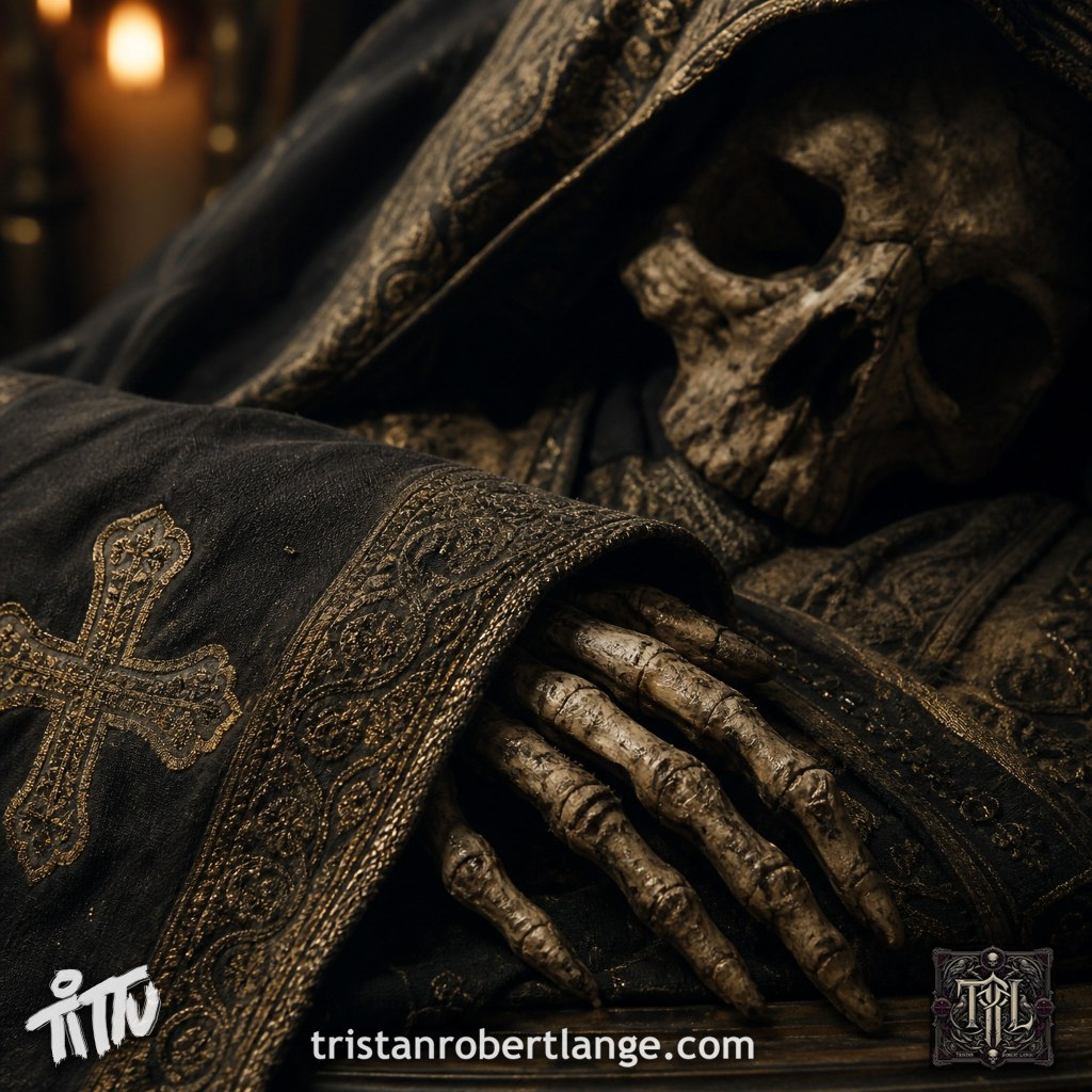 A hyper-realistic gothic image of a skeletal figure draped in ornate, decayed religious robes, lit by warm candlelight. The skull is partially shadowed beneath a hood, with a bony hand resting forward. Embroidered crosses adorn the fabric. The mood is solemn and unsettling, evoking corrupted authority and lifeless ritual.