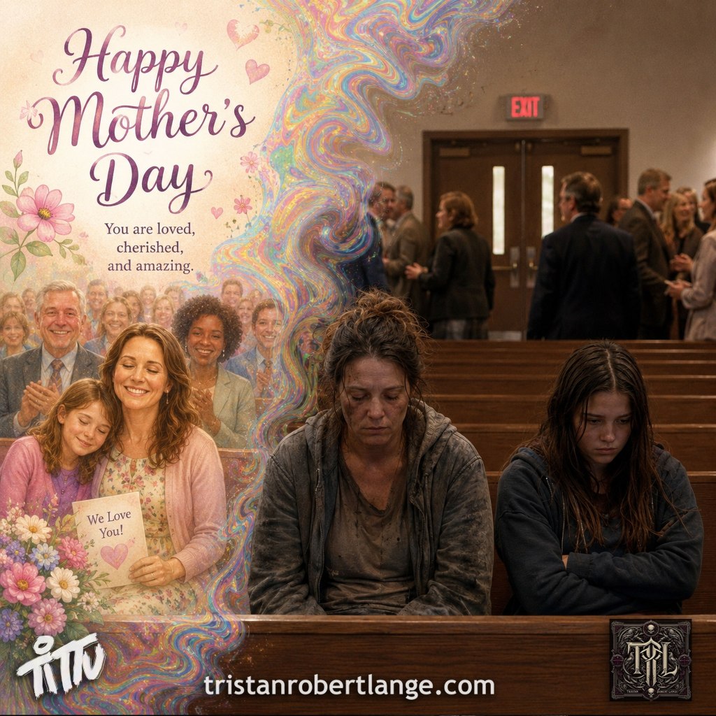 A split-image modern church scene contrasting idealized Mother’s Day celebration imagery with a disheveled mother and teenage daughter sitting isolated in a pew while congregants subtly ignore them. Warm pastel greeting-card aesthetics dissolve into emotional isolation and quiet exclusion.