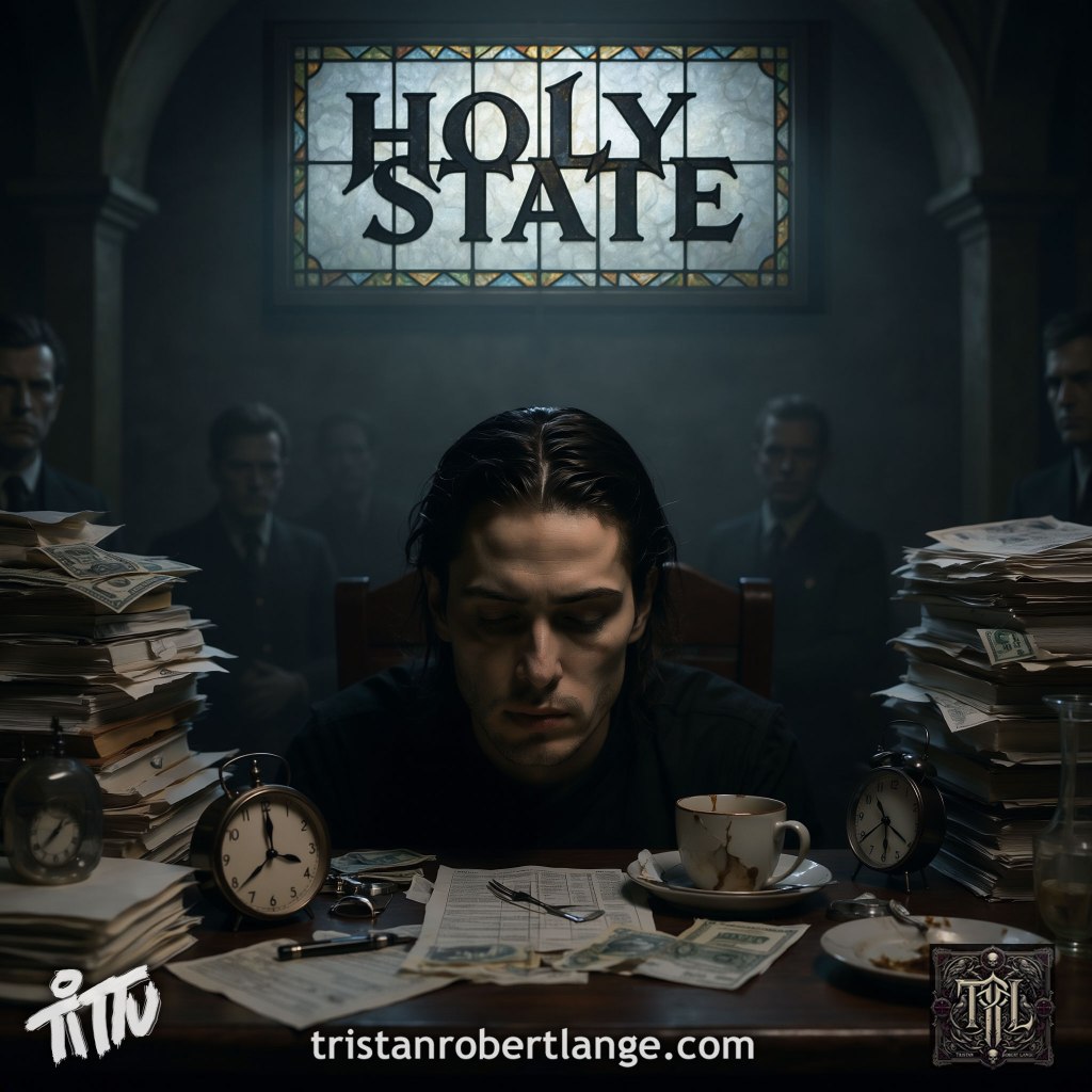 A dark cinematic gothic-realism scene shows an exhausted man seated at an overflowing desk covered in papers, money, clocks, dishes, and obligations while shadowy authority figures loom behind him. Above them glows stained-glass text reading “HOLY STATE.” The mood is oppressive and emotionally heavy.