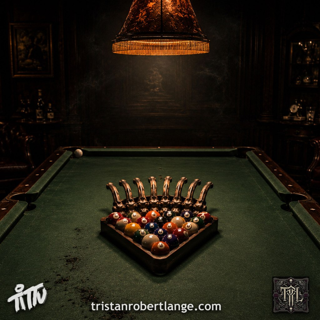 A dark Gothic billiards hall lit by a single amber lamp above a green pool table. At the center is a triangle rack of billiard balls arranged beneath rib-like bones resembling a rack of lamb. A cue ball sits scratched near the upper-left corner pocket. The atmosphere is smoky and cinematic with scorch marks on the felt.