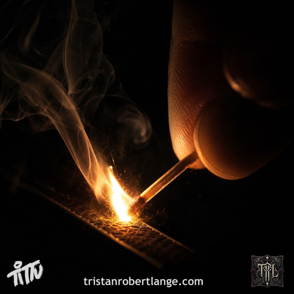 A hyper-realistic close-up of a match being struck in near-total darkness. Warm amber light illuminates fingertips, smoke curls upward through deep black shadow, and sparks flare from the igniting match head. The mood is cinematic, intimate, and contemplative.