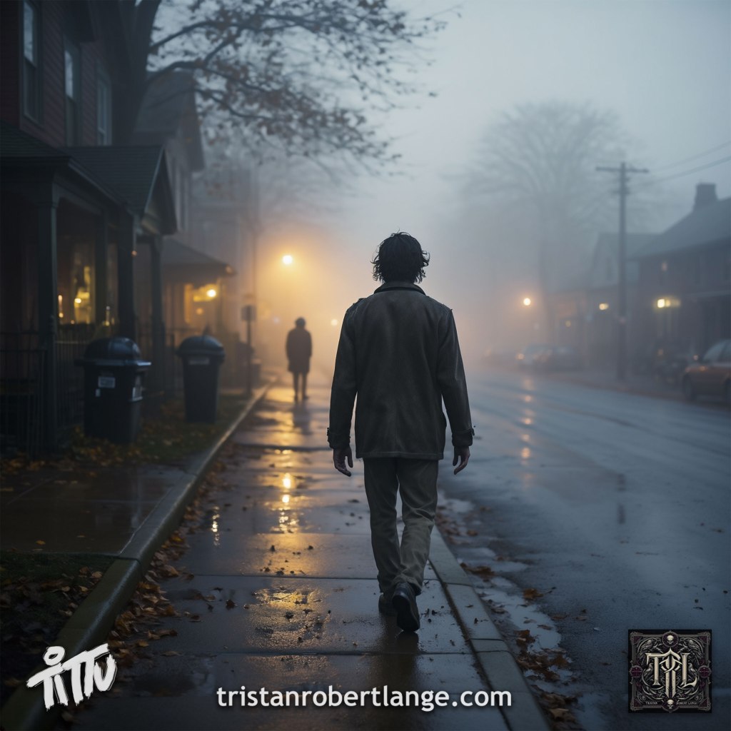 A moody fog-covered small-town street at dawn with a lone figure walking away from the viewer on a wet sidewalk. Another distant blurred figure stands behind them in the haze. Warm streetlights glow softly through the mist. Tristan Robert Lange logo and website appear at the bottom corners.